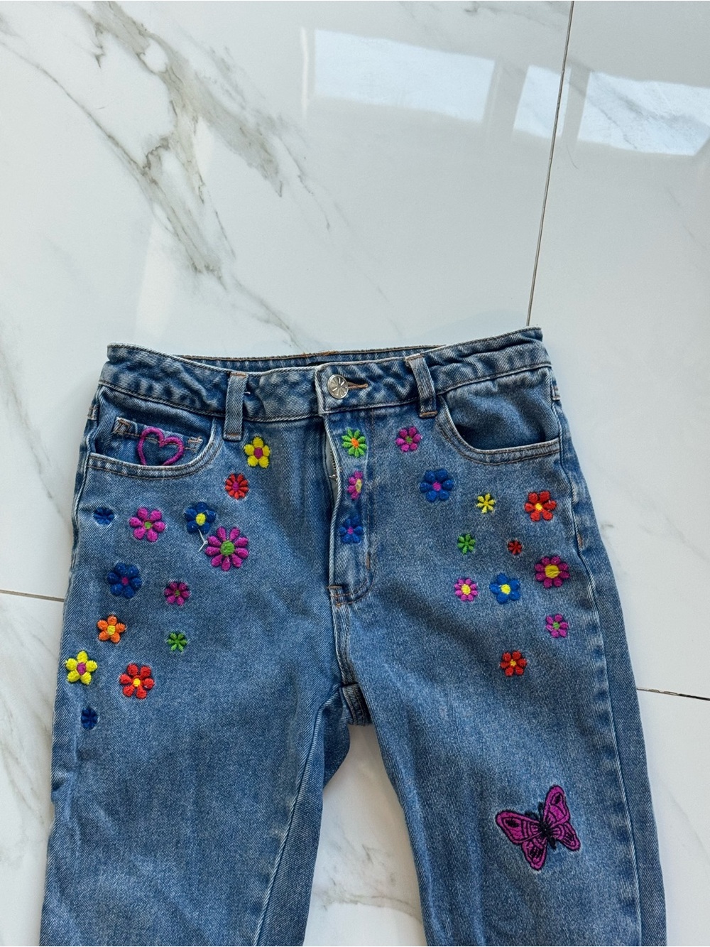 dELiA*s Blue Straight Leg Jeans with Multicolor Floral & Butterfly Embroidery